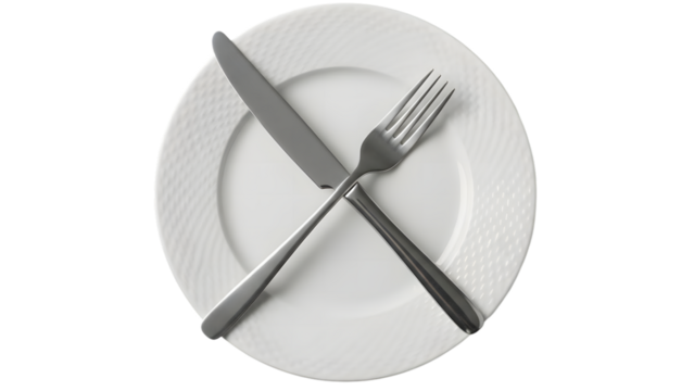 Plate with knife and fork crossed isolated on transparent background