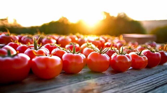 A fresh display of ripe tomatoes is arranged beautifully on a wooden table glowing in the sunlight. The tomatoes are vibrant and represent a bountiful harvest, inviting viewers to