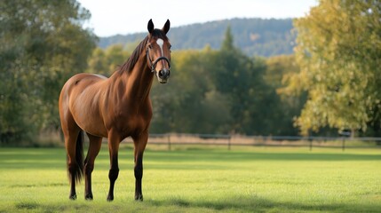 Elegant brown horse standing in lush green pasture with scenic countryside background showcasing natural beauty, outdoor scene, and peaceful rural landscape