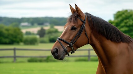 Beautiful horse portrait in lush green pasture showcasing natural outdoor environment, majestic animal with sleek brown coat and flowing mane, ideal for equestrian and wildlife themes