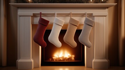 Beautiful Christmas stockings hanging on a cozy fireplace mantel with warm glowing fire, festive holiday decor, seasonal accessories creating a cheerful winter atmosphere