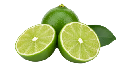Fresh green limes still life isolated on transparent background