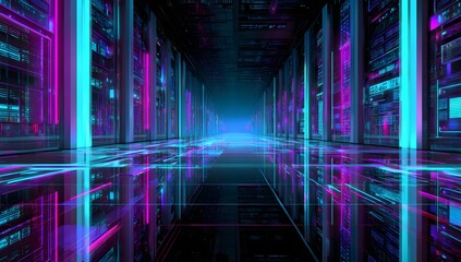 Vibrant futuristic cityscape with towering neon illuminated structures reflecting on a wet polished surface creating an immersive digital environment