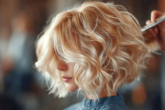 Stylist curling hair in a busy salon during a vibrant day Generative AI - Powered by Adobe