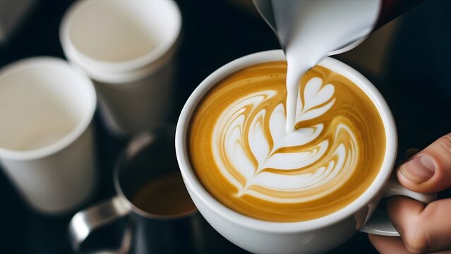 Pouring milk into coffee creating latte art in a white cup - Powered by Adobe