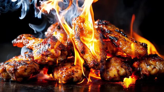 Chicken wings are grilled over high heat with flames rising and smoke billowing, creating a flavorful cooking experience over dark background