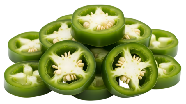 Sliced green jalapeno peppers stacked isolated on transparent background