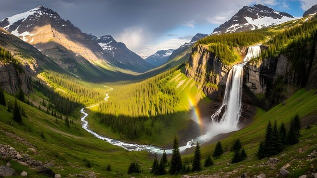 Panoramic view of a majestic waterfall cascading down a rocky cliffside in a lush green valley surrounded by snow-capped mountains under a dramatic cloudy sky.