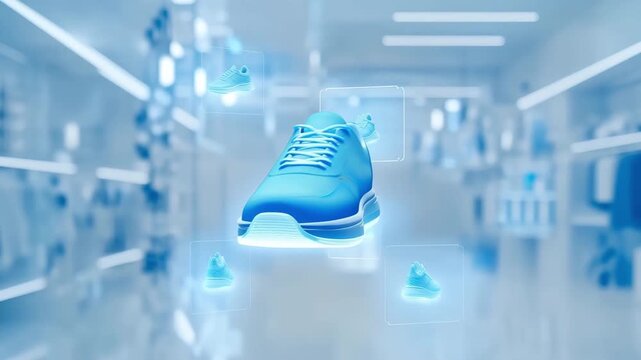 An innovative blue sneaker is showcased in a high tech retail environment, highlighting advanced design and interactive displays