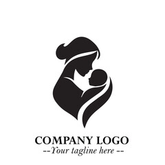 Mom and Baby Logo Symbol in Black on White Background for Gentle Minimalist Branding Design Art