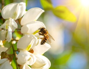 Honeybee gathering nectar from white acacia flowers under a bright sunlight