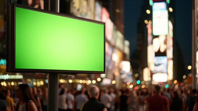 A vibrant digital billboard in Times Square captures the energy of the city at night with a bright green screen.