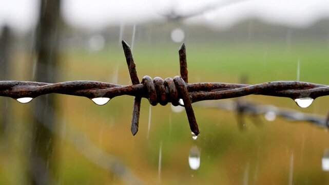 Rusty Barbed Wire with Raindrops Falling on a Gloomy Day