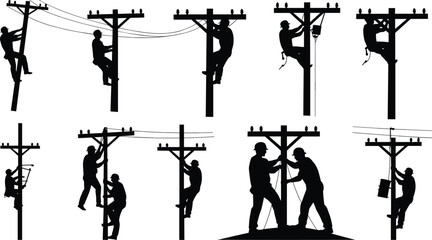 Silhouettes of electricians working on utility poles and power lines worker