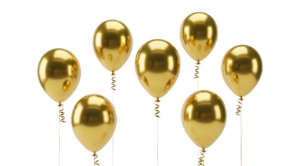 Shining golden balloons floating, party celebration isolated on transparent background