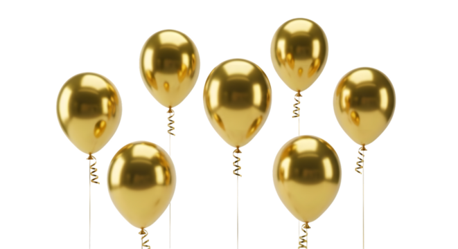 Shining golden balloons floating, party celebration isolated on transparent background
