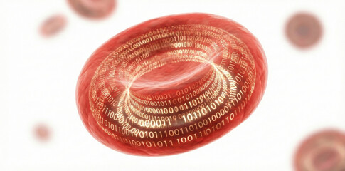 3D Illustration of Digital Red Blood Cell with Binary Code Overlay