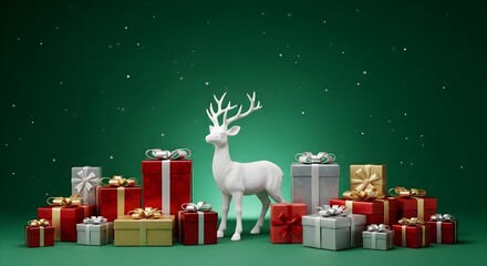 Christmas presents with white reindeer statue on a green background with snow falling down