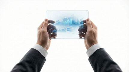 Hands Holding Futuristic Transparent Tablet with Charts