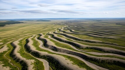 Aerial view of a vast, wavy landscape with green and brown rolling hills under a cloudy sky.