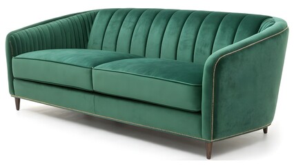 Contemporary velvet sofa in emerald green, sleek curves, 2-seater, isolated, no distractions, sharp studio lighting