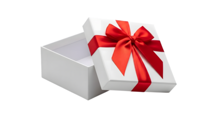 Open white gift box with red ribbon isolated on transparent background