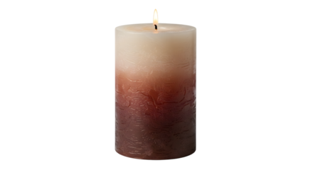 A burning textured gradient pillar candle, isolated on transparent background