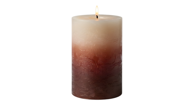 A burning textured gradient pillar candle, isolated on transparent background