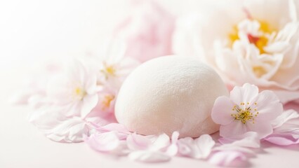 桜の花びらに囲まれた白い餅アイスのイメージ (White mochi ice cream surrounded by cherry blossom petals)