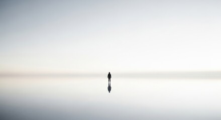 Solitary Figure Standing in Vast, Reflective Landscape.