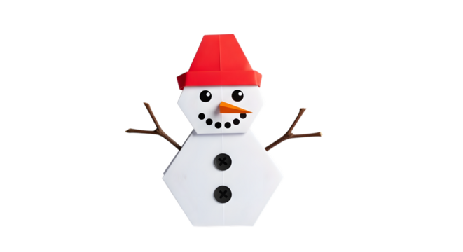 Festive paper snowman with red hat and twig arms isolated on transparent background