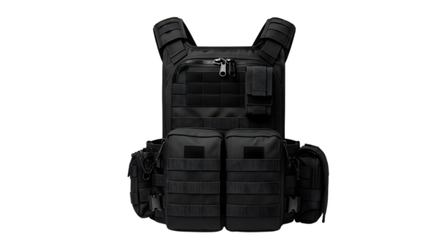 Black tactical vest isolated on transparent background