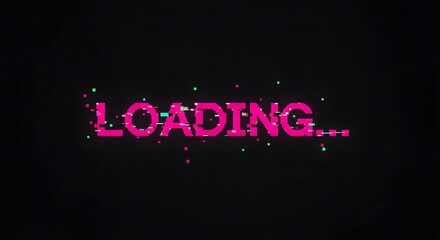 Glowing pink loading text on a dark background with green pixels