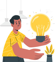 Man holding a glowing light bulb representing an idea innovation creativity