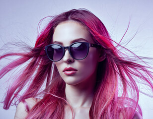 Modelka pozuje do zdjęcia w okularach przeciwsłonecznych i z różowymi włosami
