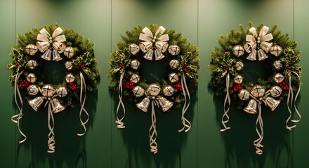 Three christmas wreaths with silver bells and bows hanging on a green wall decoration holiday season