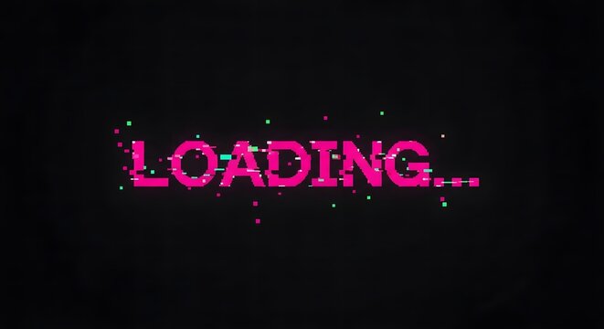 Glowing pink loading text on a dark background with green pixels