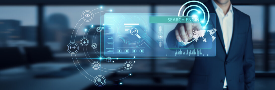 SEO specialist touching start button on modern interface to business target Search Engine Optimization. Enhancing visibility. Keywords, content strategy, ranking improvement, analytics. - Powered by Adobe