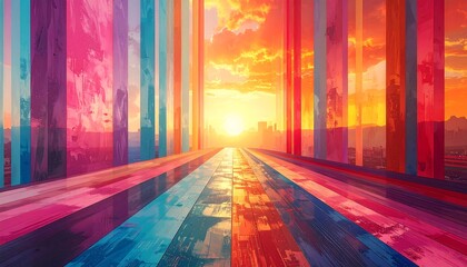 Vibrant city at sunset viewed through colorful panes