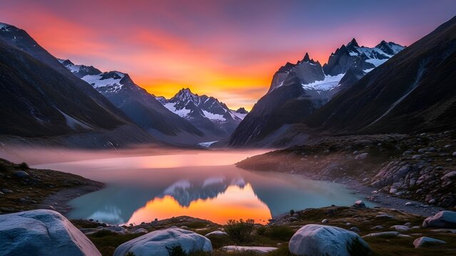 Serene mountain lake reflecting vibrant sunset colors with snow-capped peaks in the background.