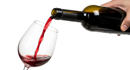 Red wine stream fills elegant glass from bottle, isolated on transparent background