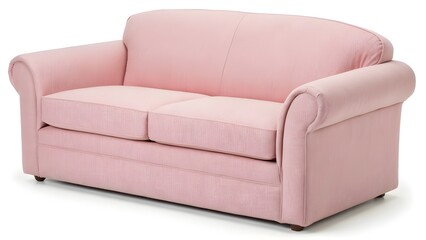 Small compact loveseat in soft pastel pink, rounded armrests, isolated, no shadows from any environment