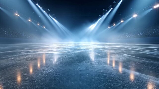 Bright lights reflect off a pristine ice surface in a large indoor hockey arena during a winter sports competition