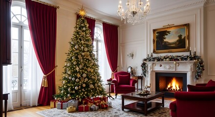Christmas tree and presents in elegant living room with fireplace and red curtains and furniture