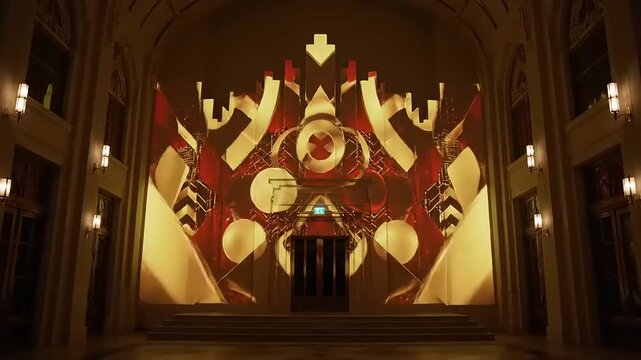 Symmetrical Art Deco Light Show: Abstract Geometric Projection Mapping on an Elegant Interior Architectural Wall.