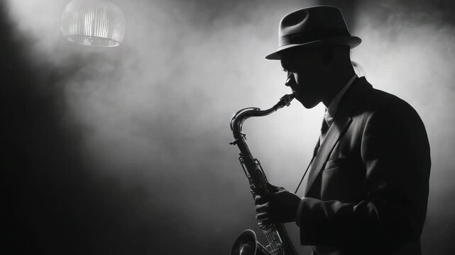 A black jazz musician plays the saxophone in a dimly lit club while smoke surrounds the stage, creating a moody retro atmosphere