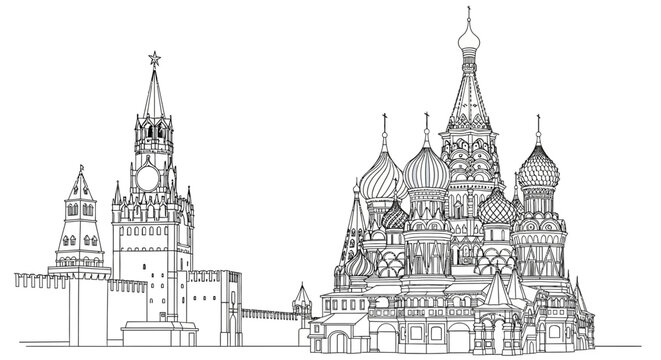 Moscow Skyline Sketch Kremlin Saint Basil's Cathedral Line Art Illustration Cityscape Architecture Design.jpg