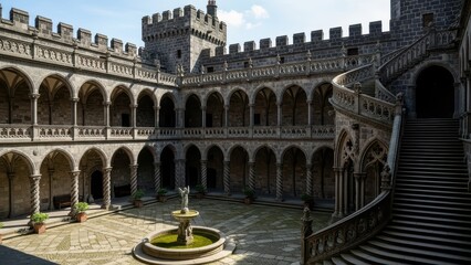 Medieval castle courtyard with gothic arches and spiral staircase architecture