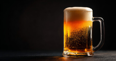 Golden beer, frothy head, glass mug, dark background, refreshing vibe