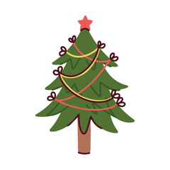Green fir tree wrapped in delicate festive strings and bows. Isolated holiday element for New Year greeting cards, winter decor and seasonal design.